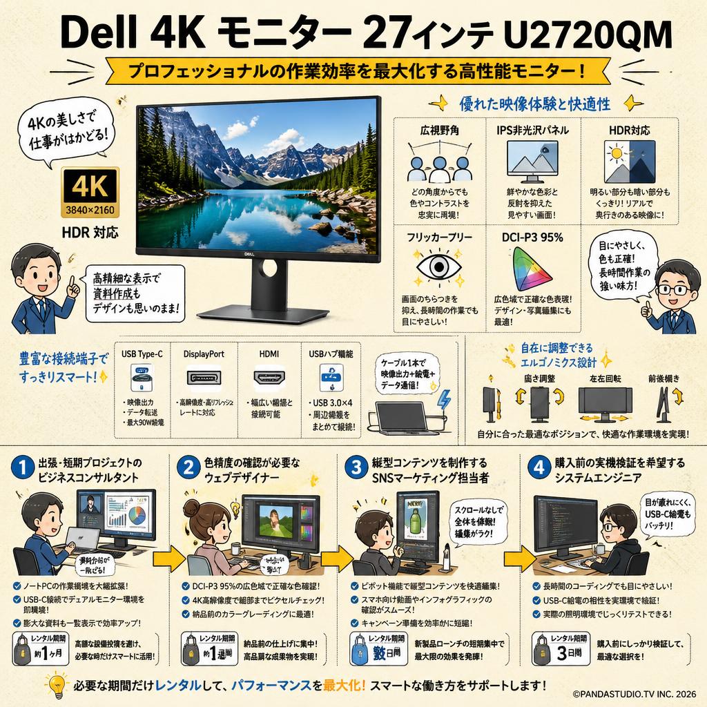 Dell 4K モニター 27インチ  U2720QM　広視野角/HDR/IPS非光沢/フリッカーフリー/USB Type-C,DP,HDMI/高さ調整/回転 おもな対象のお客様
