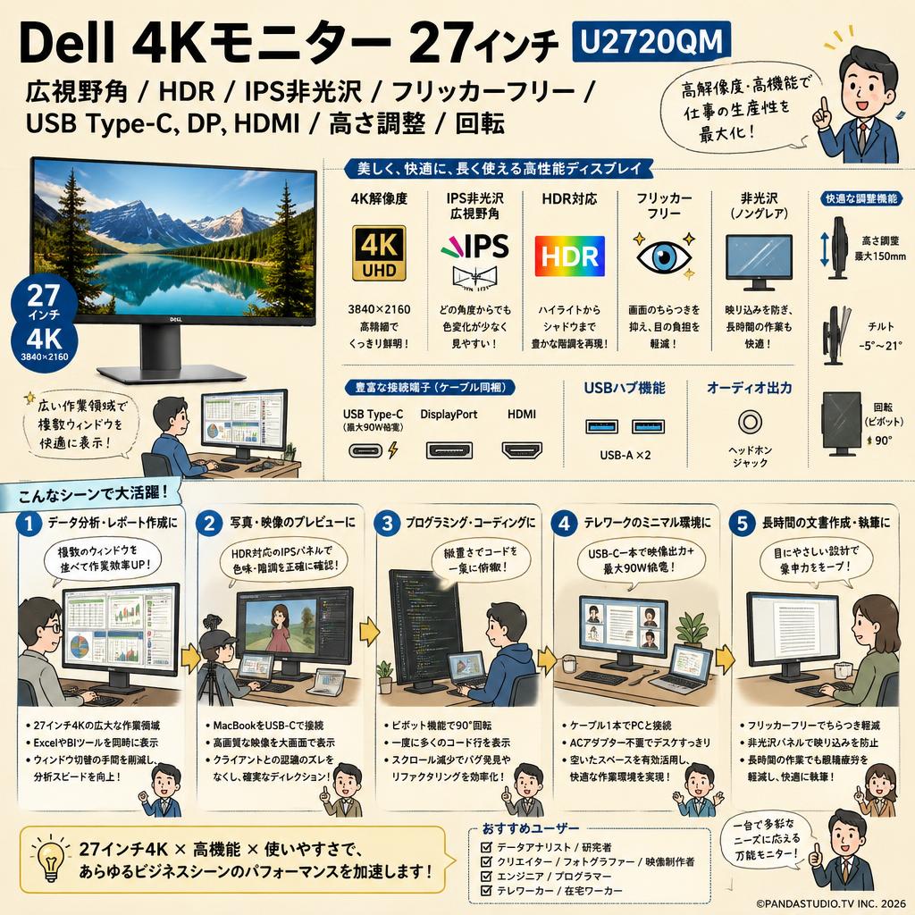 Dell 4K モニター 27インチ  U2720QM　広視野角/HDR/IPS非光沢/フリッカーフリー/USB Type-C,DP,HDMI/高さ調整/回転 用途