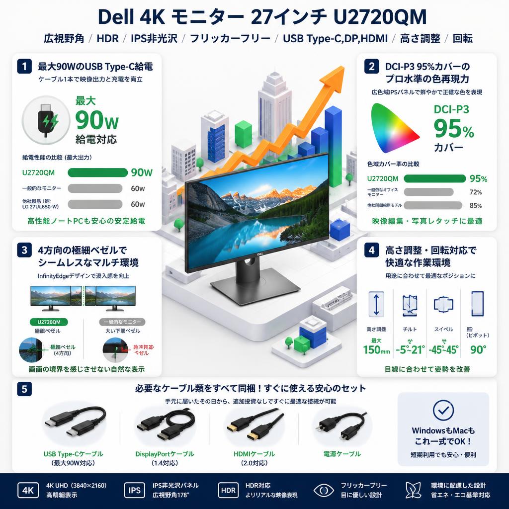 Dell 4K モニター 27インチ  U2720QM　広視野角/HDR/IPS非光沢/フリッカーフリー/USB Type-C,DP,HDMI/高さ調整/回転 セールスポイント