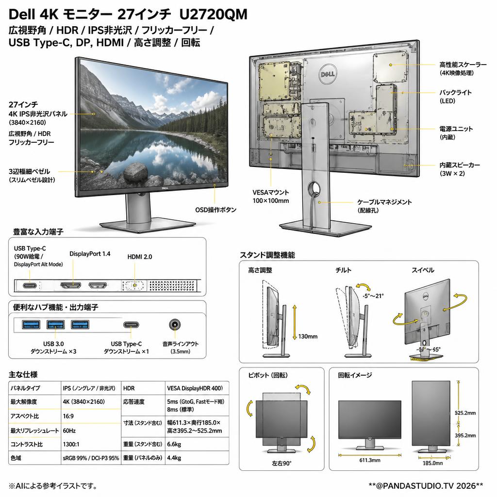 Dell 4K モニター 27インチ  U2720QM　広視野角/HDR/IPS非光沢/フリッカーフリー/USB Type-C,DP,HDMI/高さ調整/回転 スペック
