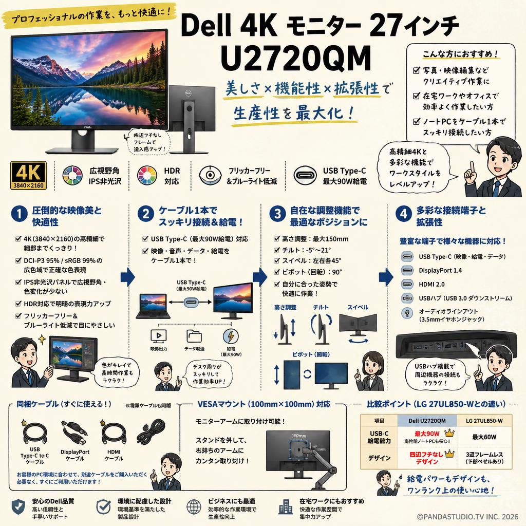 Dell 4K モニター 27インチ  U2720QM　広視野角/HDR/IPS非光沢/フリッカーフリー/USB Type-C,DP,HDMI/高さ調整/回転 FAQ（よくある質問と答え）