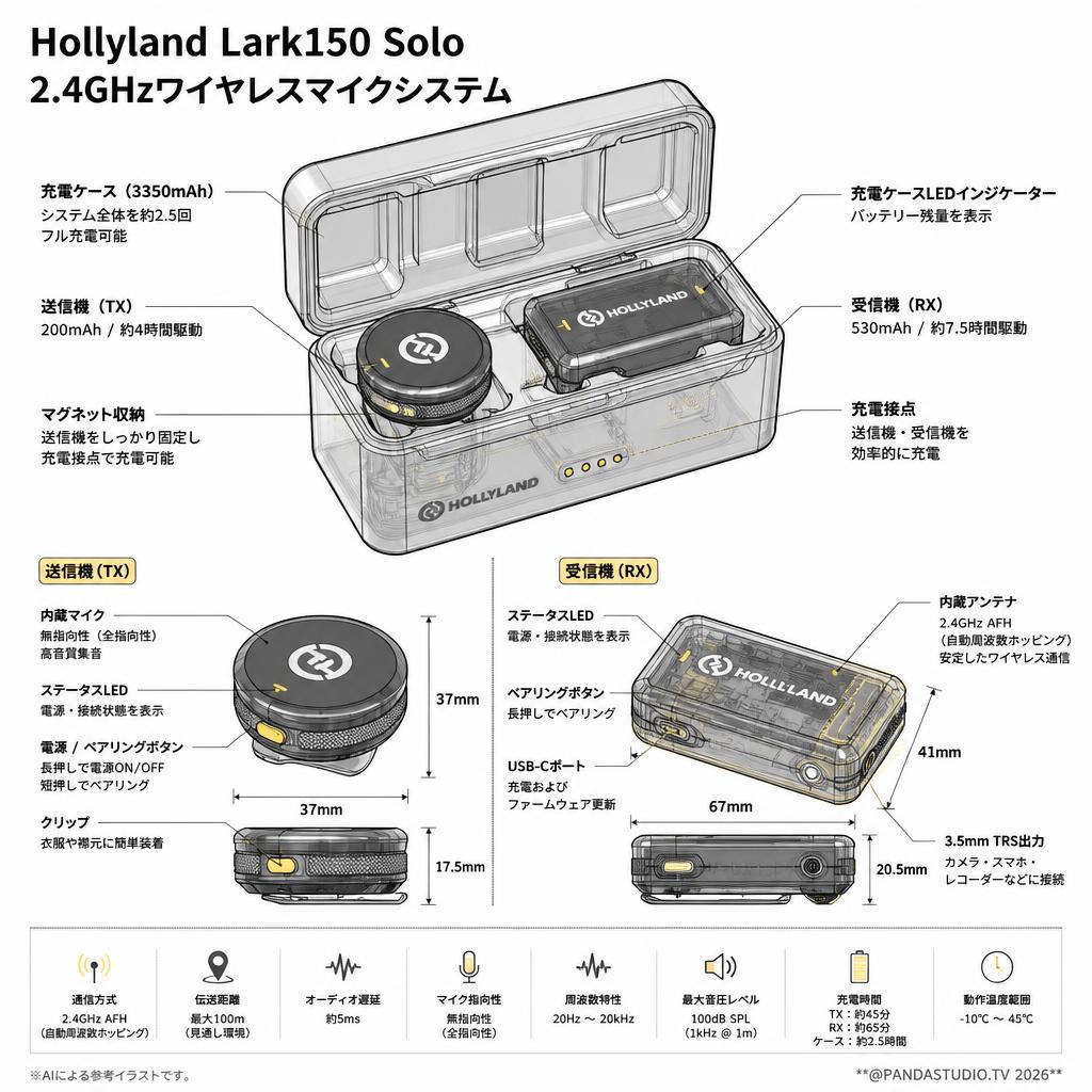 Hollyland Lark150 Solo 2.4GHzワイヤレスマイクシステム スペック