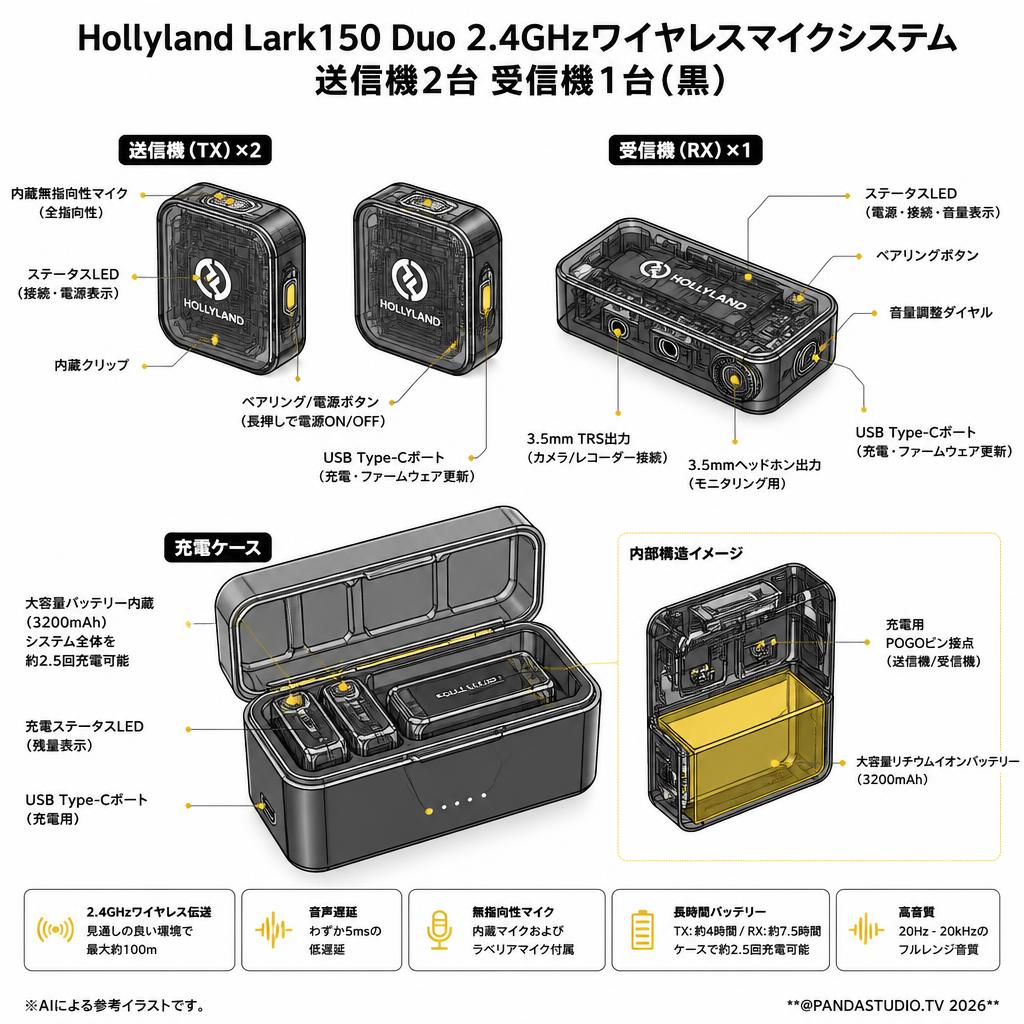 Hollyland Lark150 Duo 2.4GHzワイヤレスマイクシステム送信機2台 受信機1台(黒) スペック