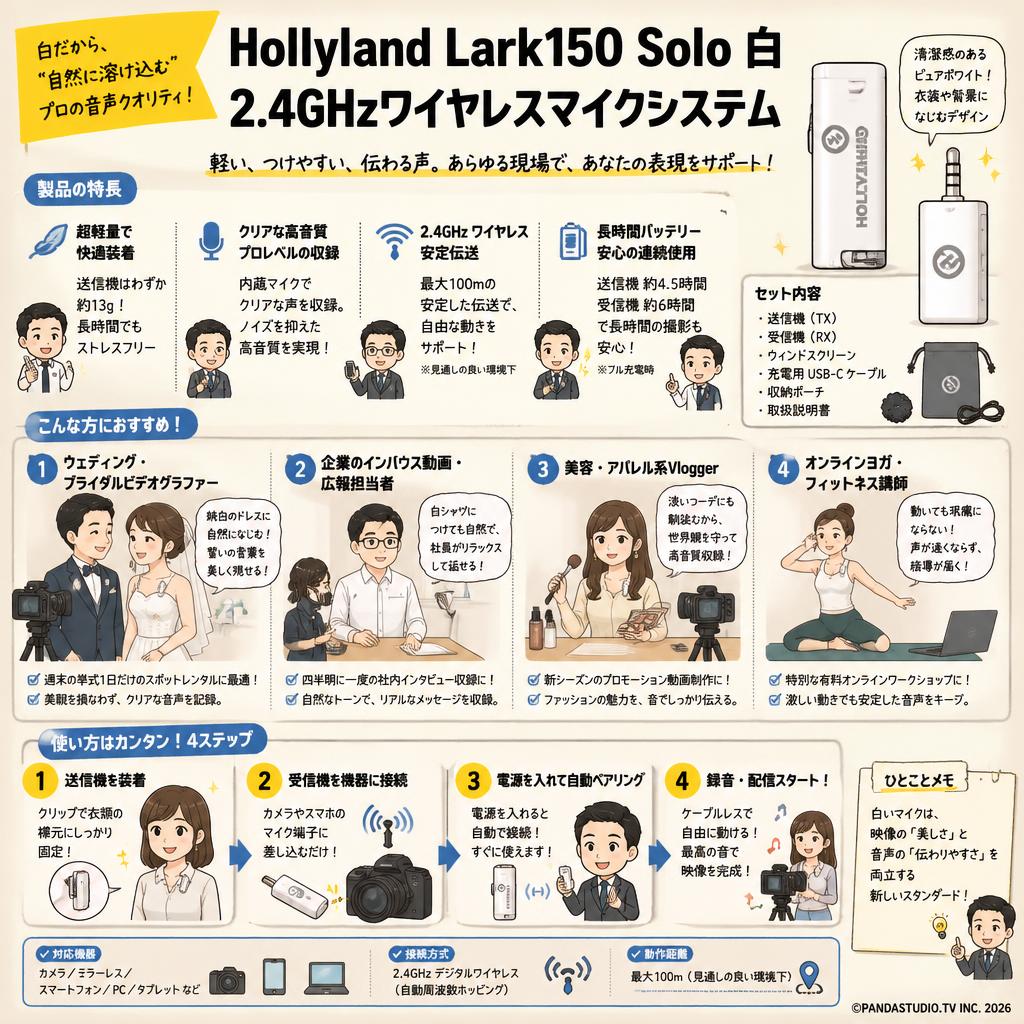 Hollyland Lark150 Solo 白 2.4GHzワイヤレスマイクシステム おもな対象のお客様