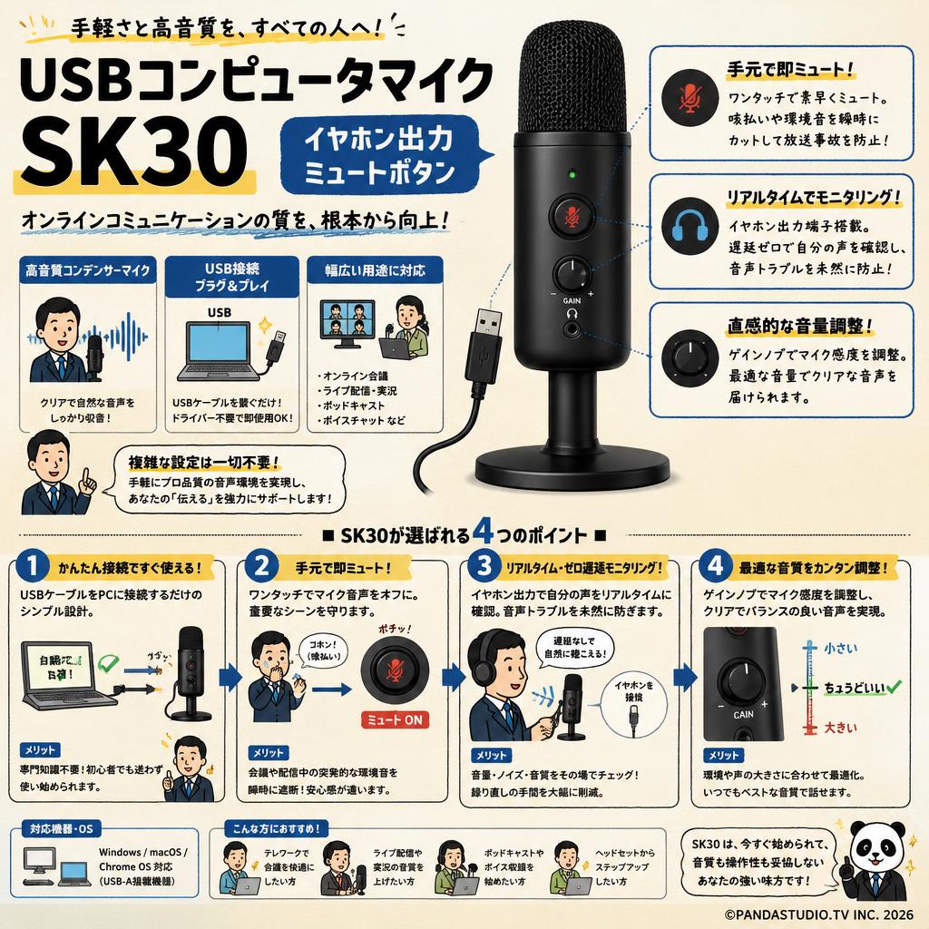 USBコンピュータマイク SK30 イヤホン出力ミュートボタン 概要