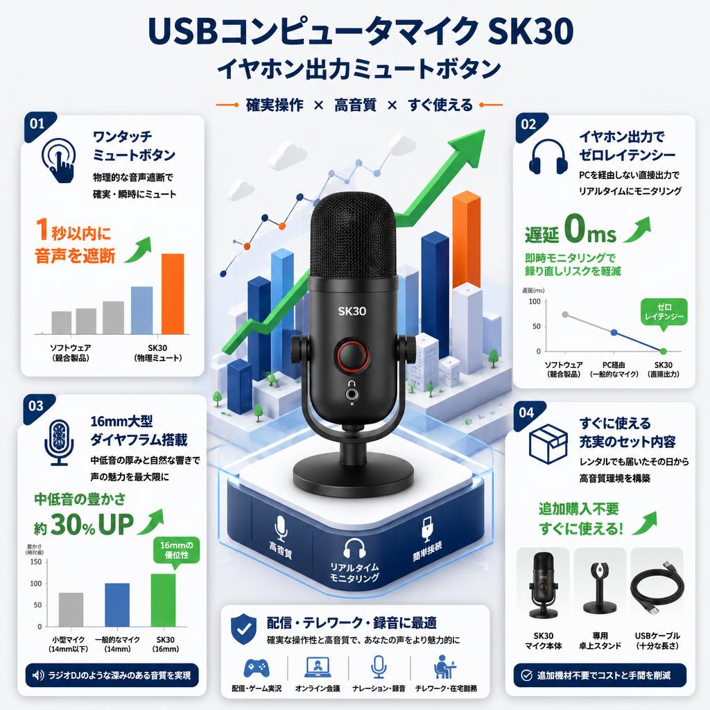 USBコンピュータマイク SK30 イヤホン出力ミュートボタン セールスポイント
