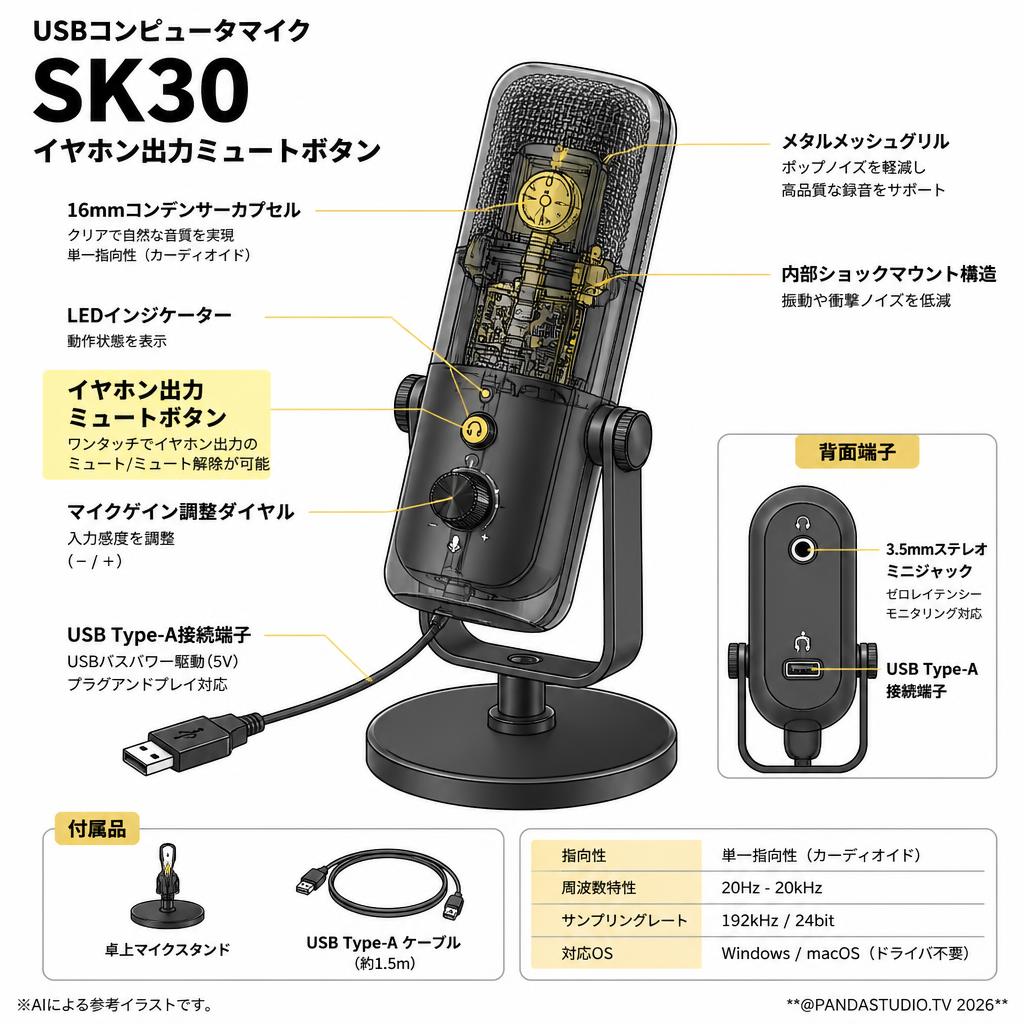 USBコンピュータマイク SK30 イヤホン出力ミュートボタン スペック