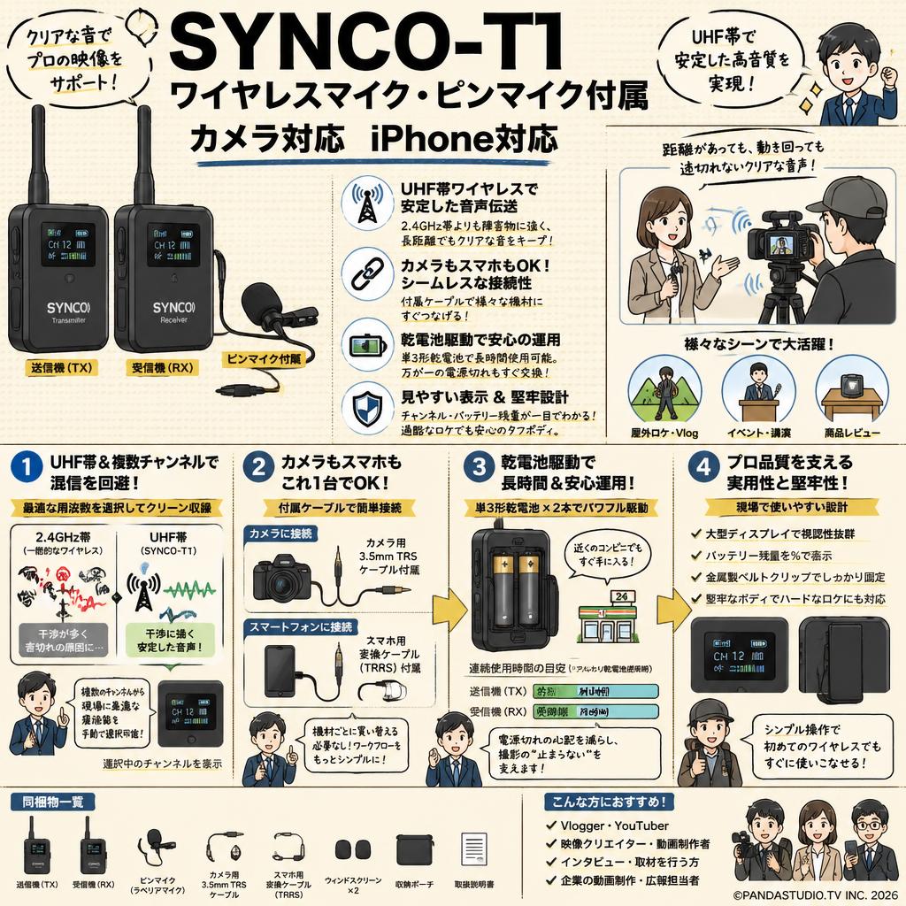 SYNCO-T1-ワイヤレスマイク-ピンマイク付属-カメラ対応 iPhone対応 概要