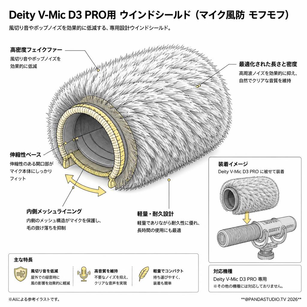 Deity MicrophonesV-Mic D3 PRO用 ウインドシールド マイク風防 モフモフ スペック