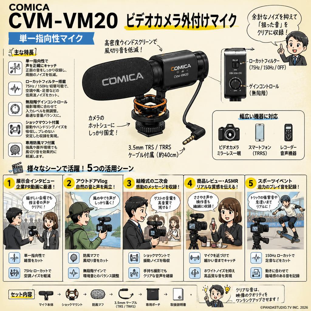 COMICA CVM-VM20 ビテオカメラ外付けマイク 単一指向性マイク 用途