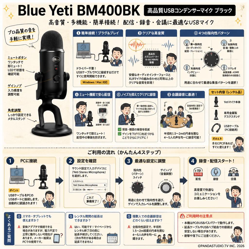 Blue Microphones Yeti BM400BK 高品質USBコンデンサーマイクブラック FAQ（よくある質問と答え）