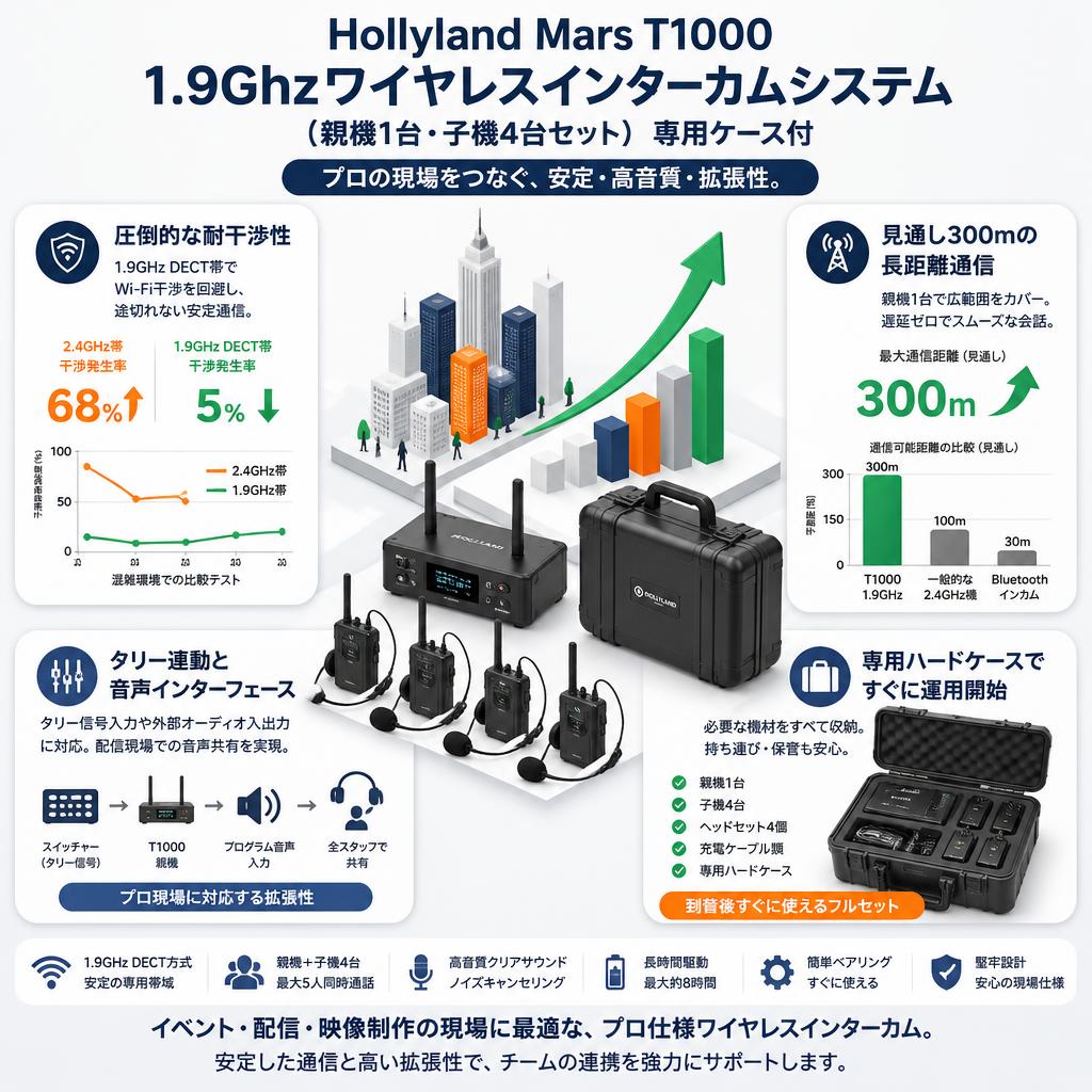Hollyland Mars T1000 1.9Ghzワイヤレスインターカムシステム（親機1台・子機4台セット） 専用ケース付 セールスポイント