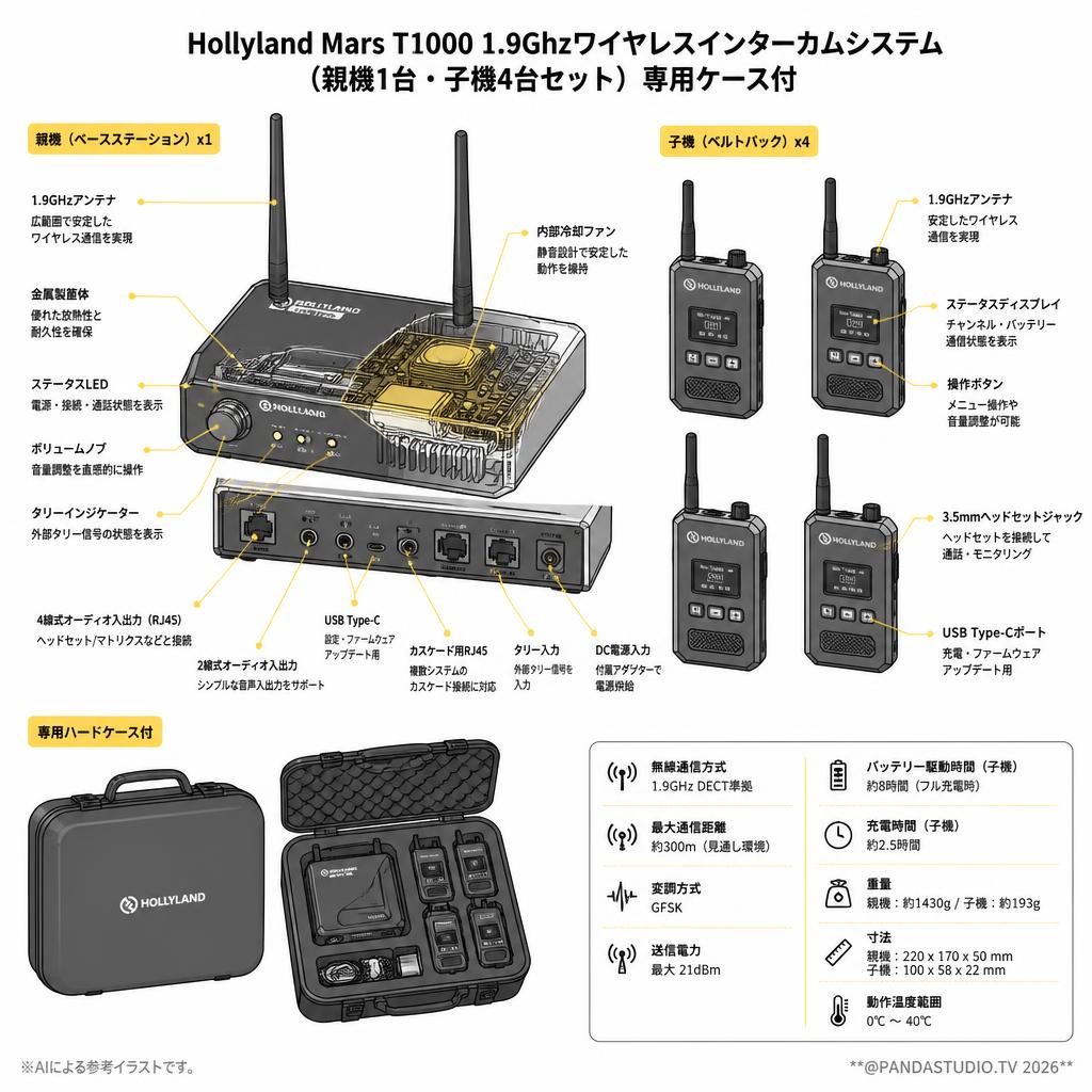 Hollyland Mars T1000 1.9Ghzワイヤレスインターカムシステム（親機1台・子機4台セット） 専用ケース付 スペック