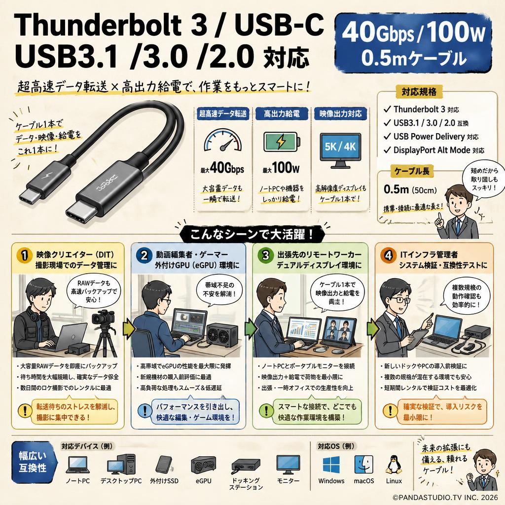 Thunderbolt 3/ USB-C USB3.1 /3.0/2.0 対応0.5mケーブル 40Gbps/100W おもな対象のお客様