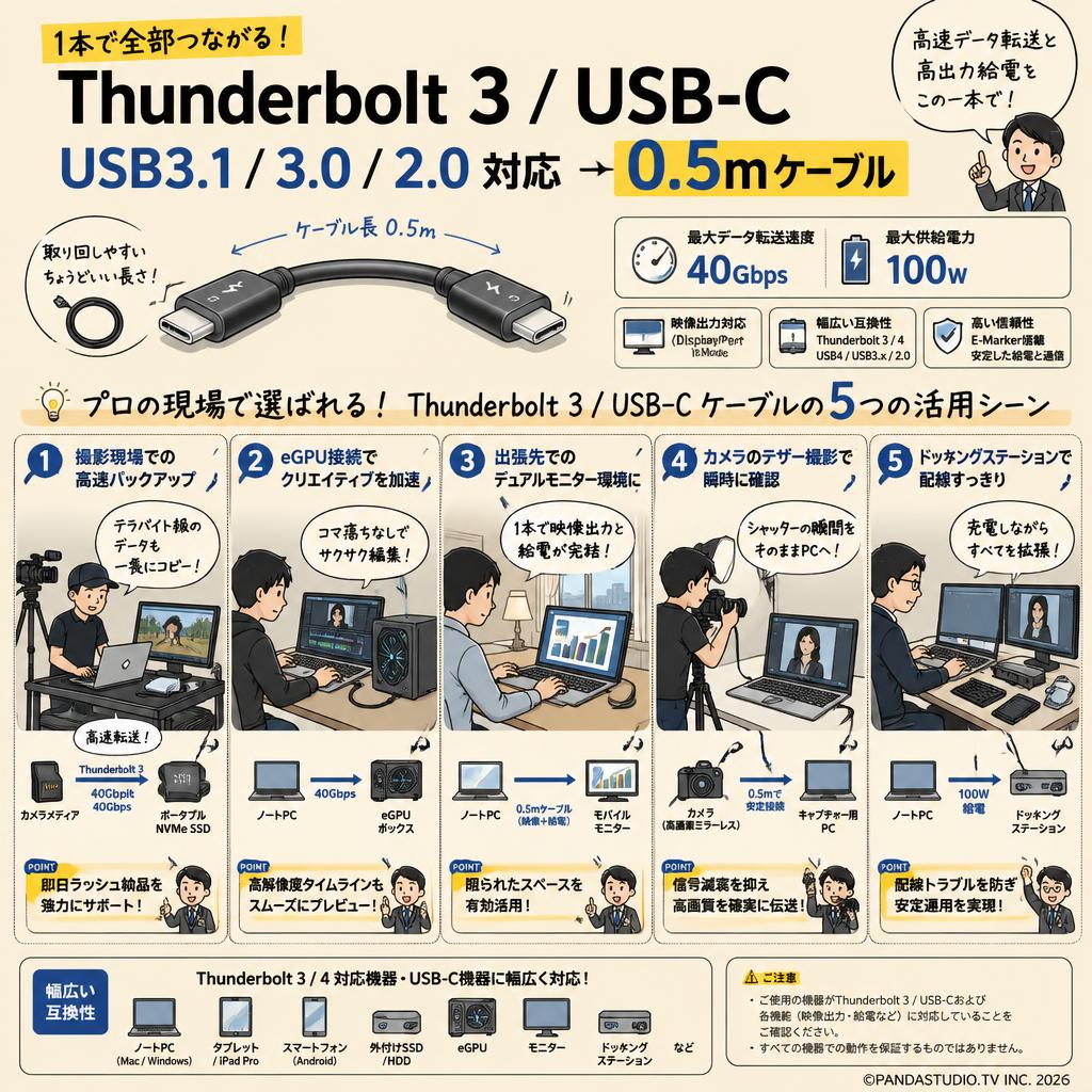 Thunderbolt 3/ USB-C USB3.1 /3.0/2.0 対応0.5mケーブル 40Gbps/100W 用途