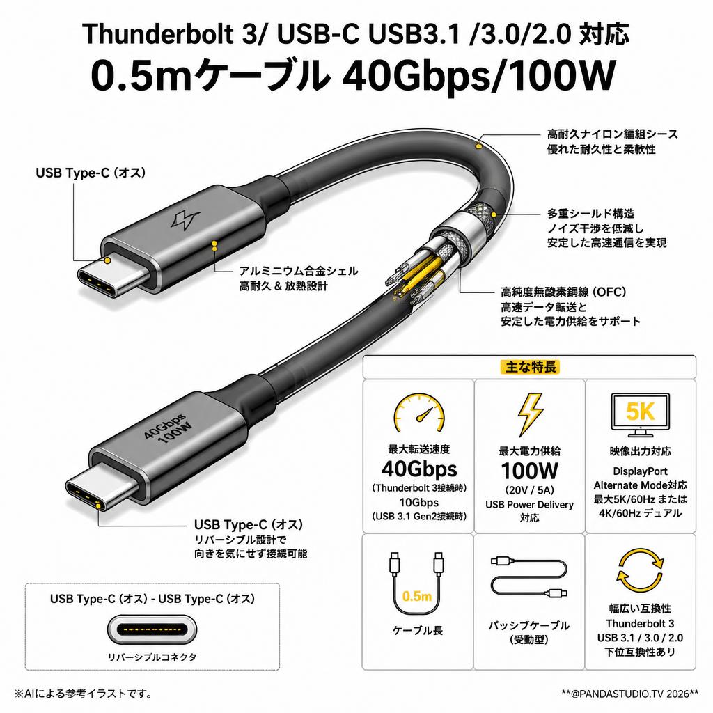 Thunderbolt 3/ USB-C USB3.1 /3.0/2.0 対応0.5mケーブル 40Gbps/100W スペック