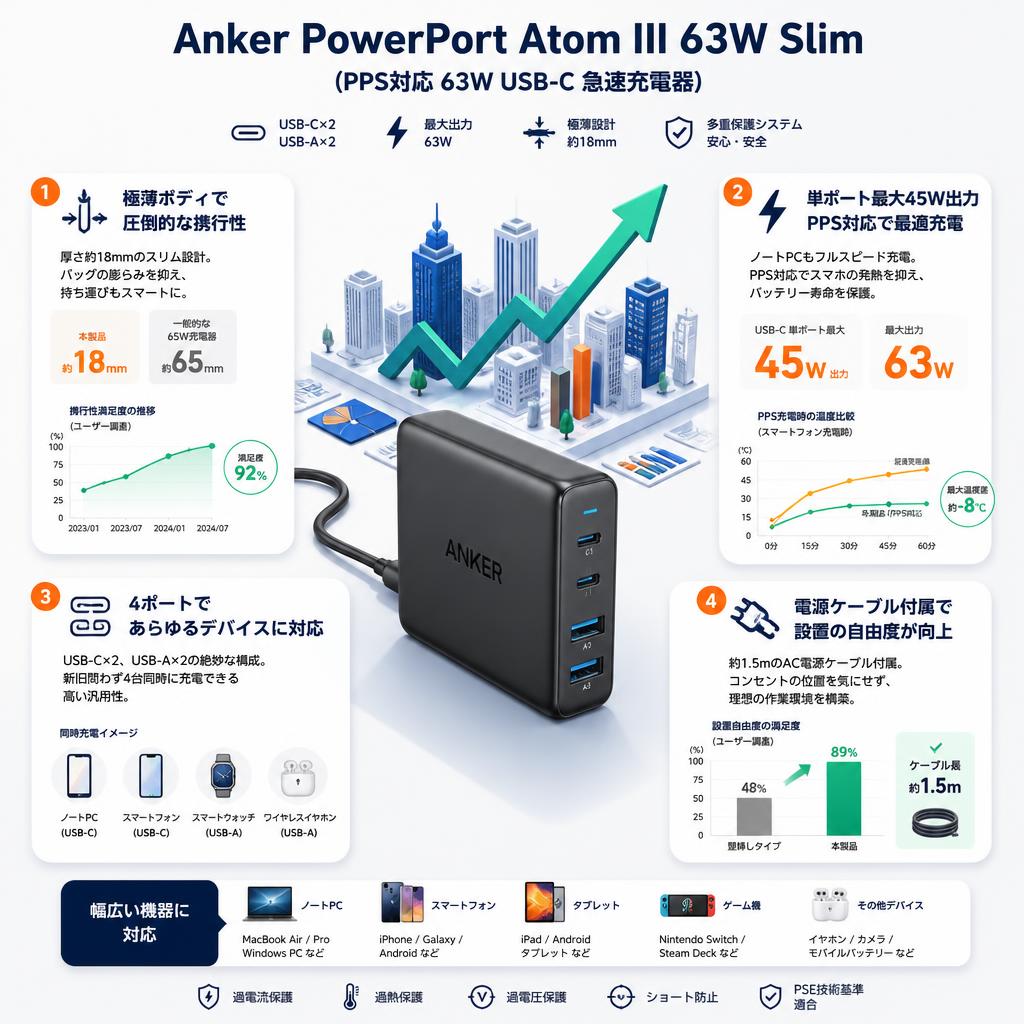 Anker PowerPort Atom III 63W Slim (PPS対応 63W USB-C 急速充電器) セールスポイント