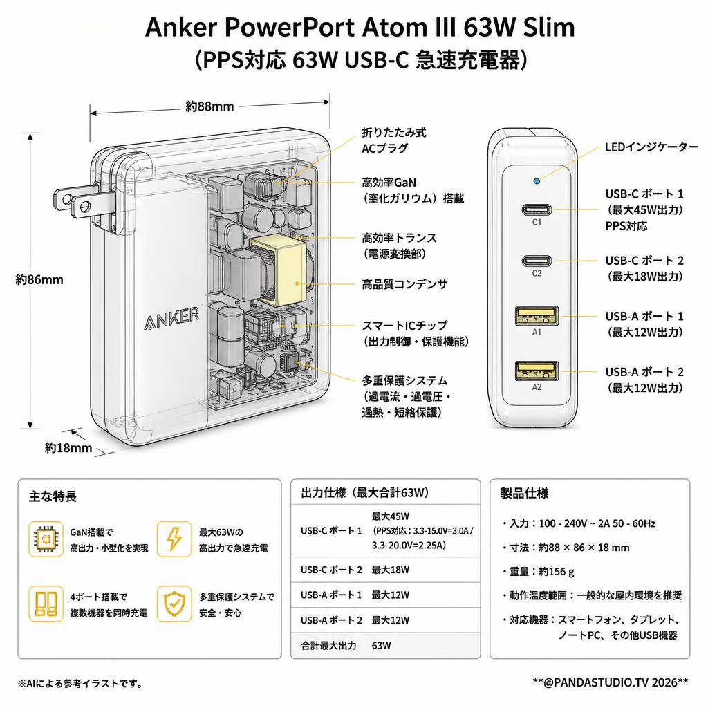 Anker PowerPort Atom III 63W Slim (PPS対応 63W USB-C 急速充電器) スペック