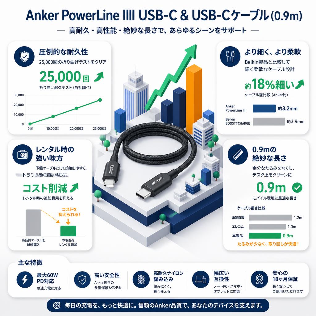 Anker PowerLine III USB-C & USB-Cケーブル(0.9m) セールスポイント