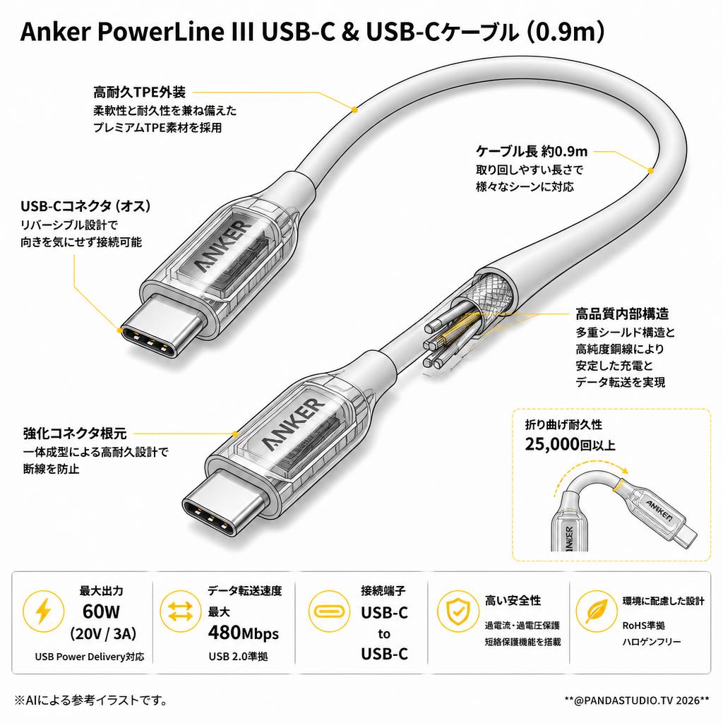 Anker PowerLine III USB-C & USB-Cケーブル(0.9m) スペック