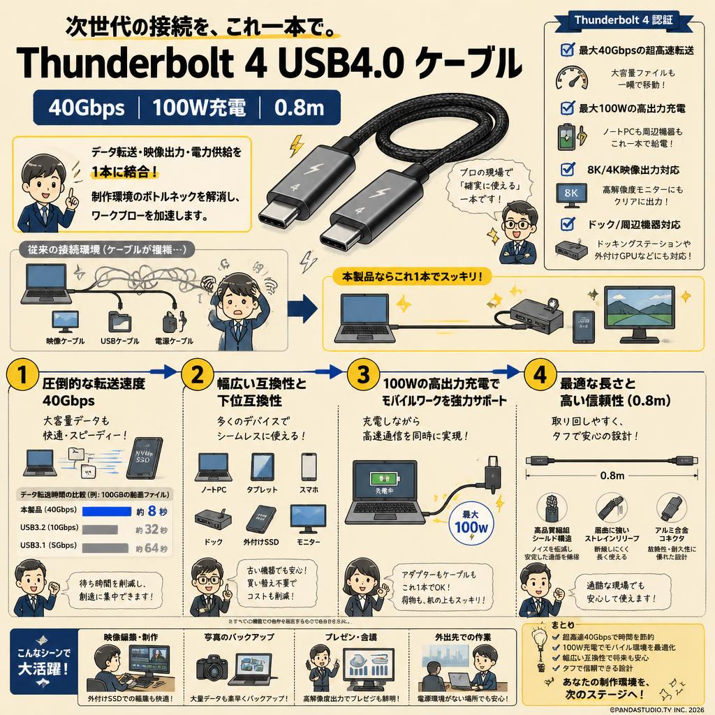 Thunderbolt 4 USB4.0 ケーブル 40Gbps 100W充電 0.8m 概要