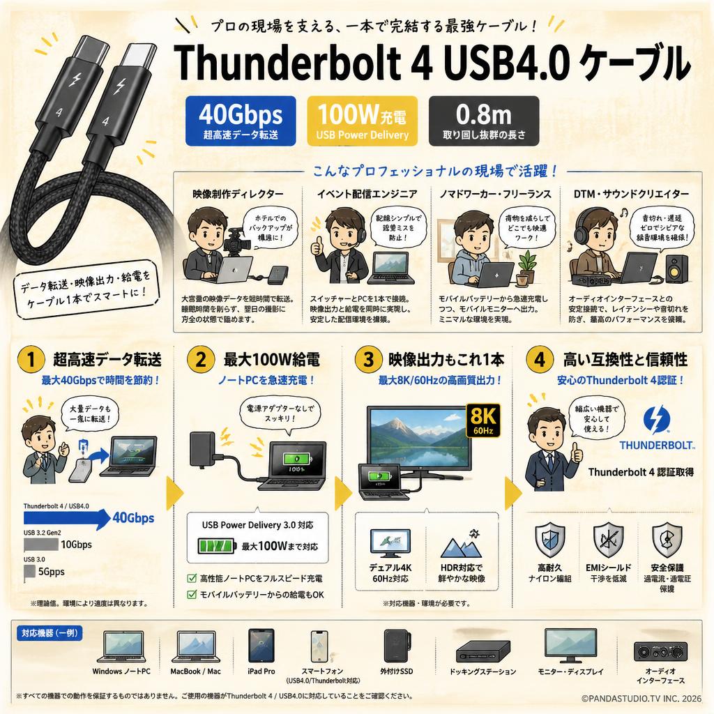 Thunderbolt 4 USB4.0 ケーブル 40Gbps 100W充電 0.8m おもな対象のお客様