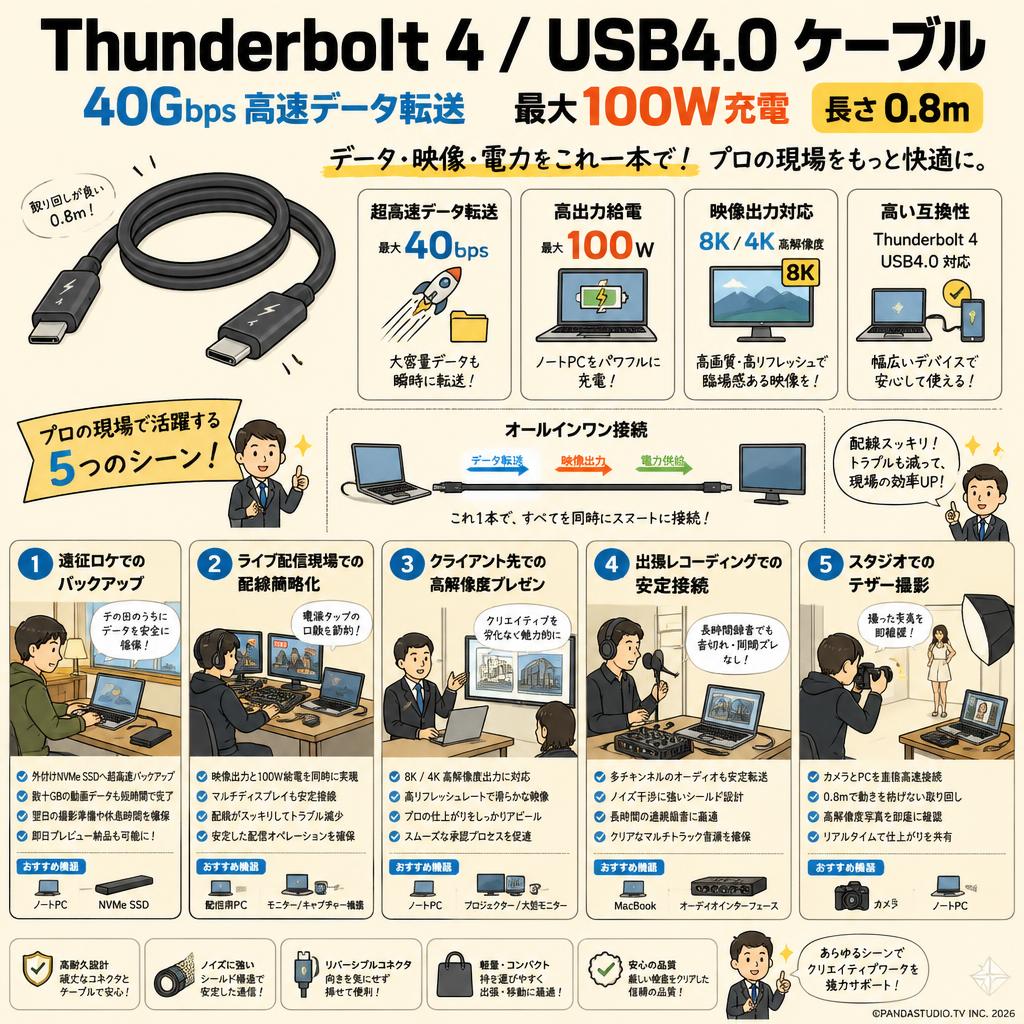 Thunderbolt 4 USB4.0 ケーブル 40Gbps 100W充電 0.8m 用途