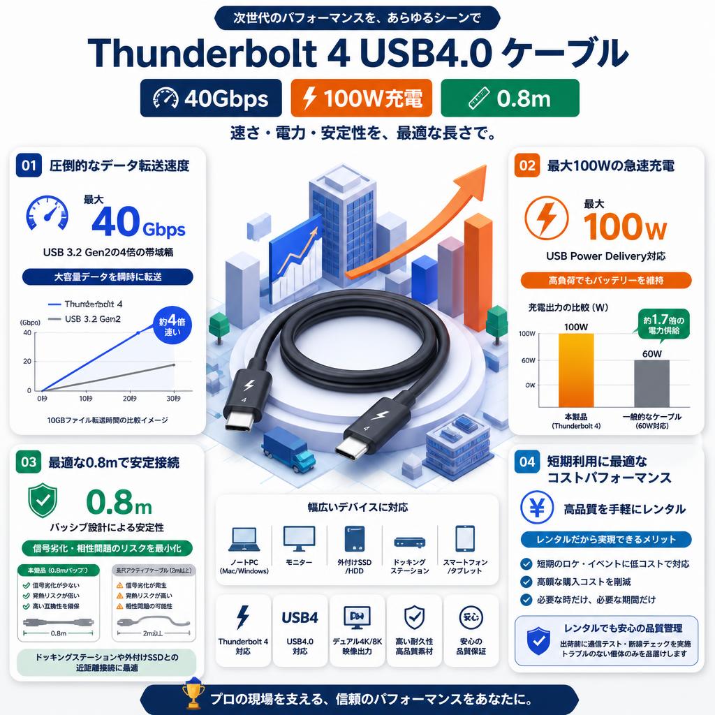 Thunderbolt 4 USB4.0 ケーブル 40Gbps 100W充電 0.8m セールスポイント
