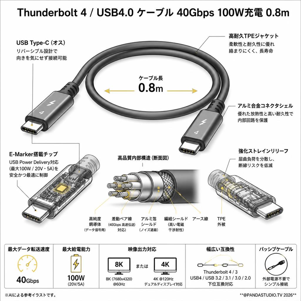 Thunderbolt 4 USB4.0 ケーブル 40Gbps 100W充電 0.8m スペック