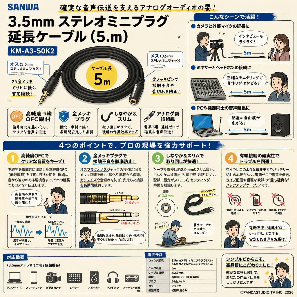 SANWA 3.5mm ステレオミニプラグ  延長ケーブル (5.m) KM-A3-50K2 概要