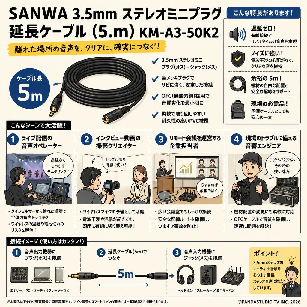 SANWA 3.5mm ステレオミニプラグ  延長ケーブル (5.m) KM-A3-50K2 おもな対象のお客様