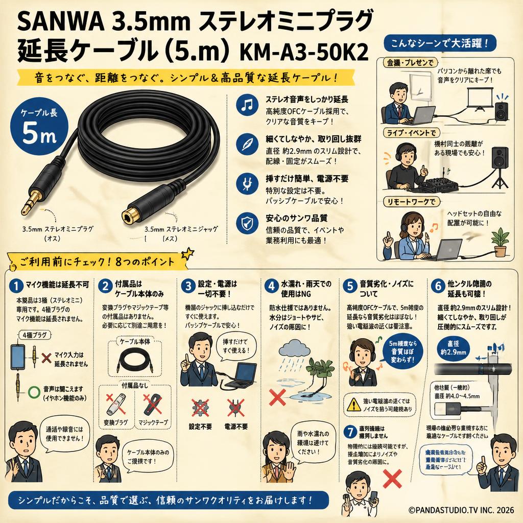 SANWA 3.5mm ステレオミニプラグ  延長ケーブル (5.m) KM-A3-50K2 FAQ（よくある質問と答え）