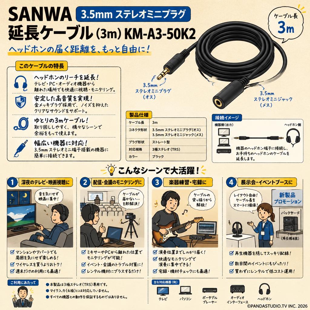 SANWA 3.5mm ステレオミニプラグ  延長ケーブル (3m) KM-A3-50K2 おもな対象のお客様