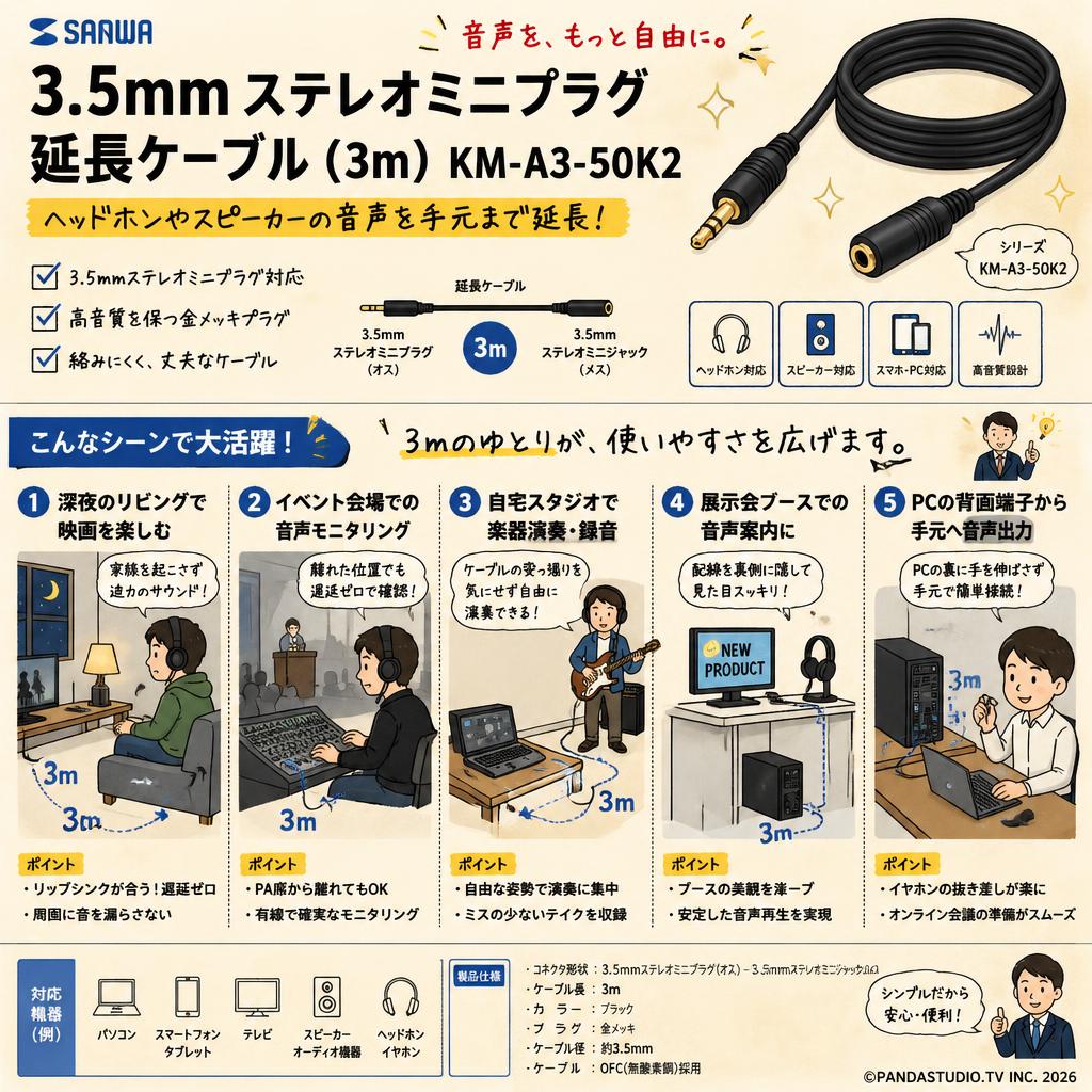 SANWA 3.5mm ステレオミニプラグ  延長ケーブル (3m) KM-A3-50K2 用途