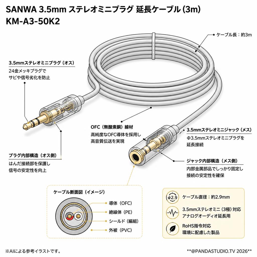 SANWA 3.5mm ステレオミニプラグ  延長ケーブル (3m) KM-A3-50K2 スペック