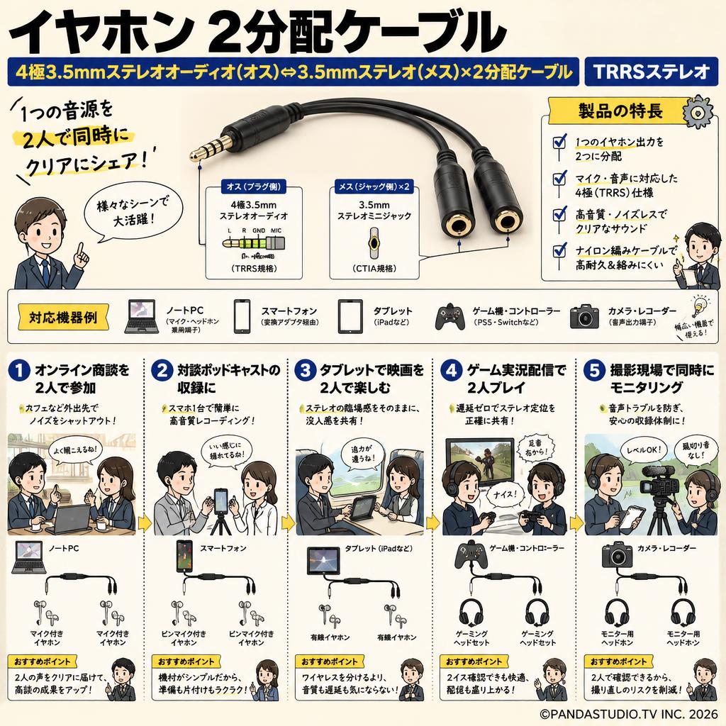 イヤホン 2分配ケーブル  4極3.5mmステレオオーディオ(オス)⇔3.5mmステレオ(メス)×2分配ケーブル TRRSステレオ 用途