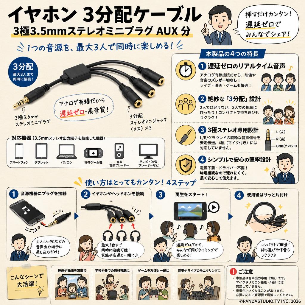 イヤホン 3分配ケーブル  3極3.5mmステレオミニプラグ AUX 分 概要
