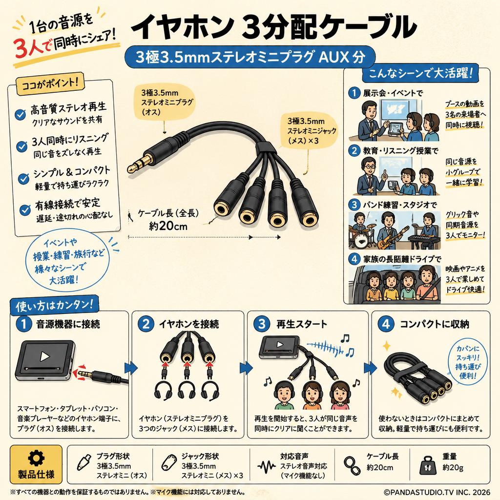 イヤホン 3分配ケーブル  3極3.5mmステレオミニプラグ AUX 分 おもな対象のお客様