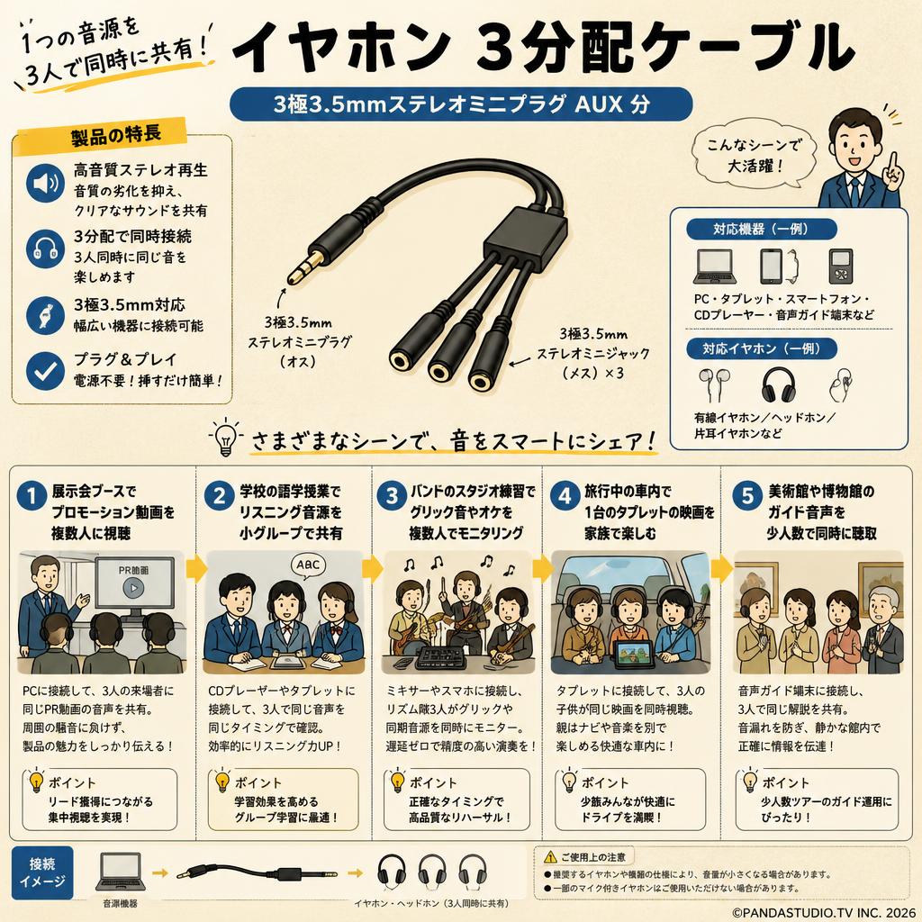 イヤホン 3分配ケーブル  3極3.5mmステレオミニプラグ AUX 分 用途