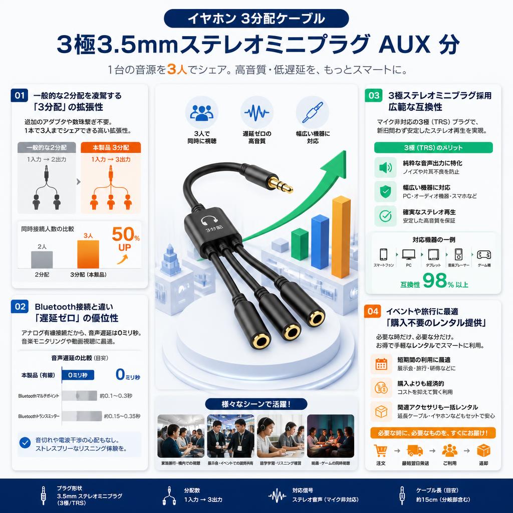 イヤホン 3分配ケーブル  3極3.5mmステレオミニプラグ AUX 分 セールスポイント