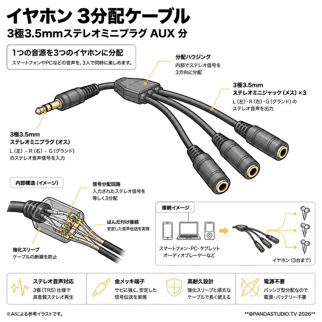 イヤホン 3分配ケーブル  3極3.5mmステレオミニプラグ AUX 分 スペック