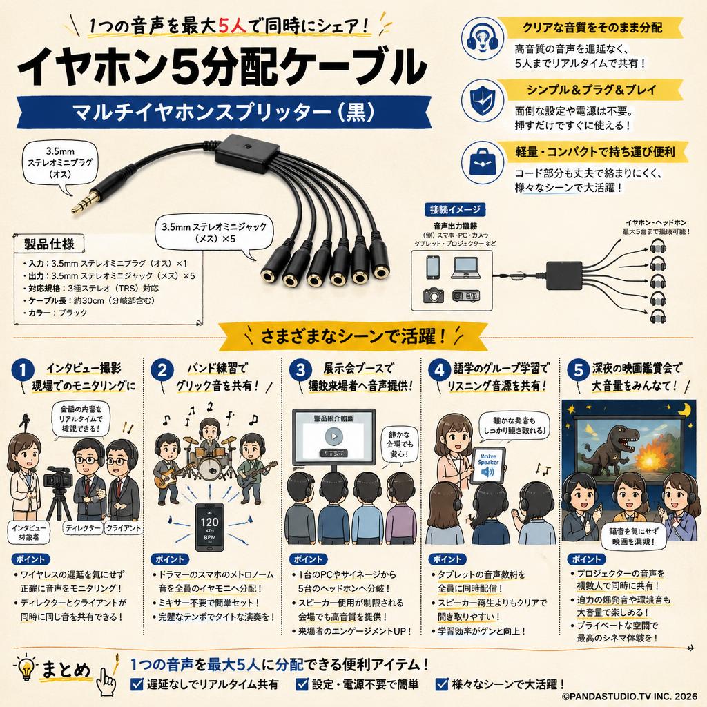 イヤホン 5分配ケーブル  マルチイヤホンスプリッターイヤホン分配/分岐(黒) 用途