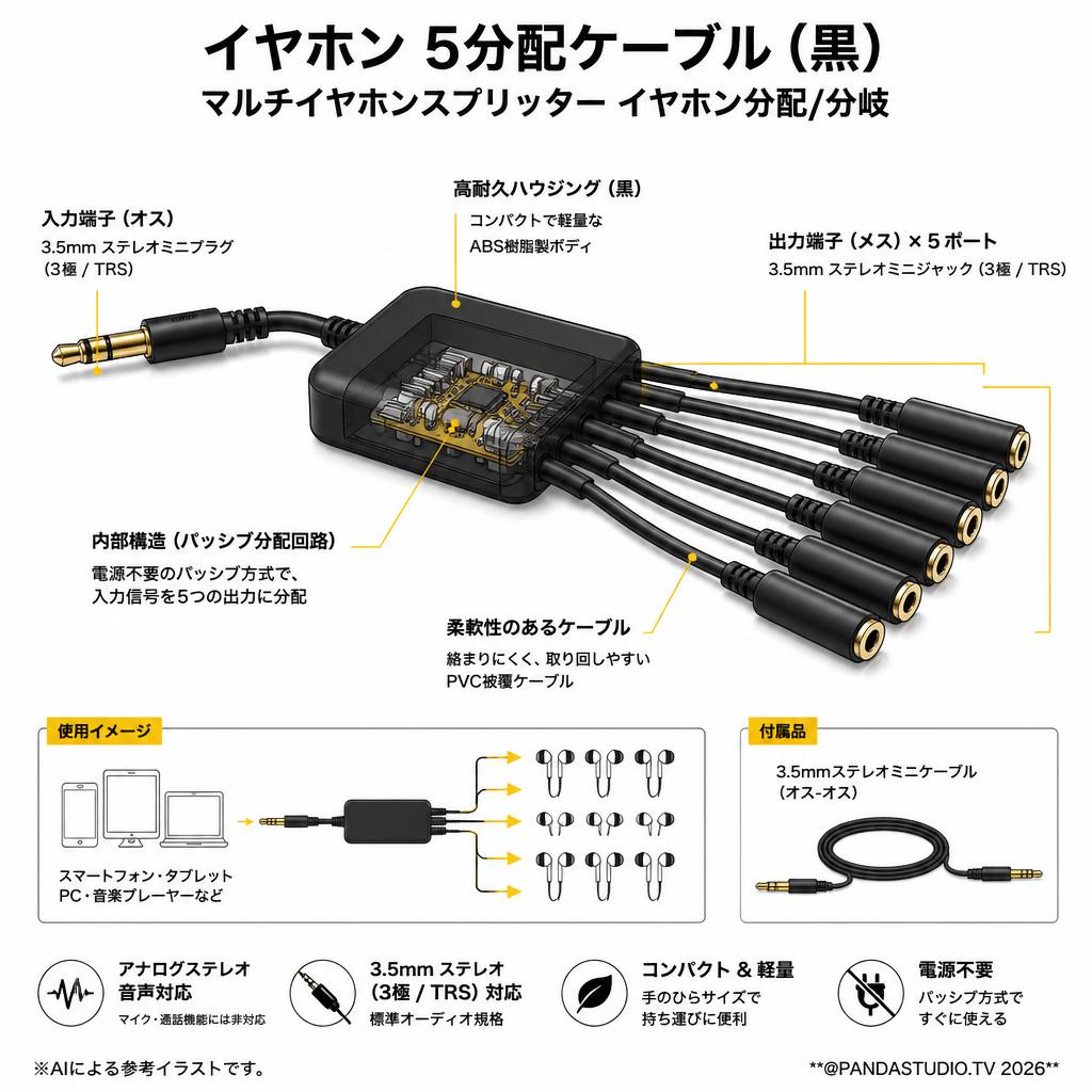 イヤホン 5分配ケーブル  マルチイヤホンスプリッターイヤホン分配/分岐(黒) スペック