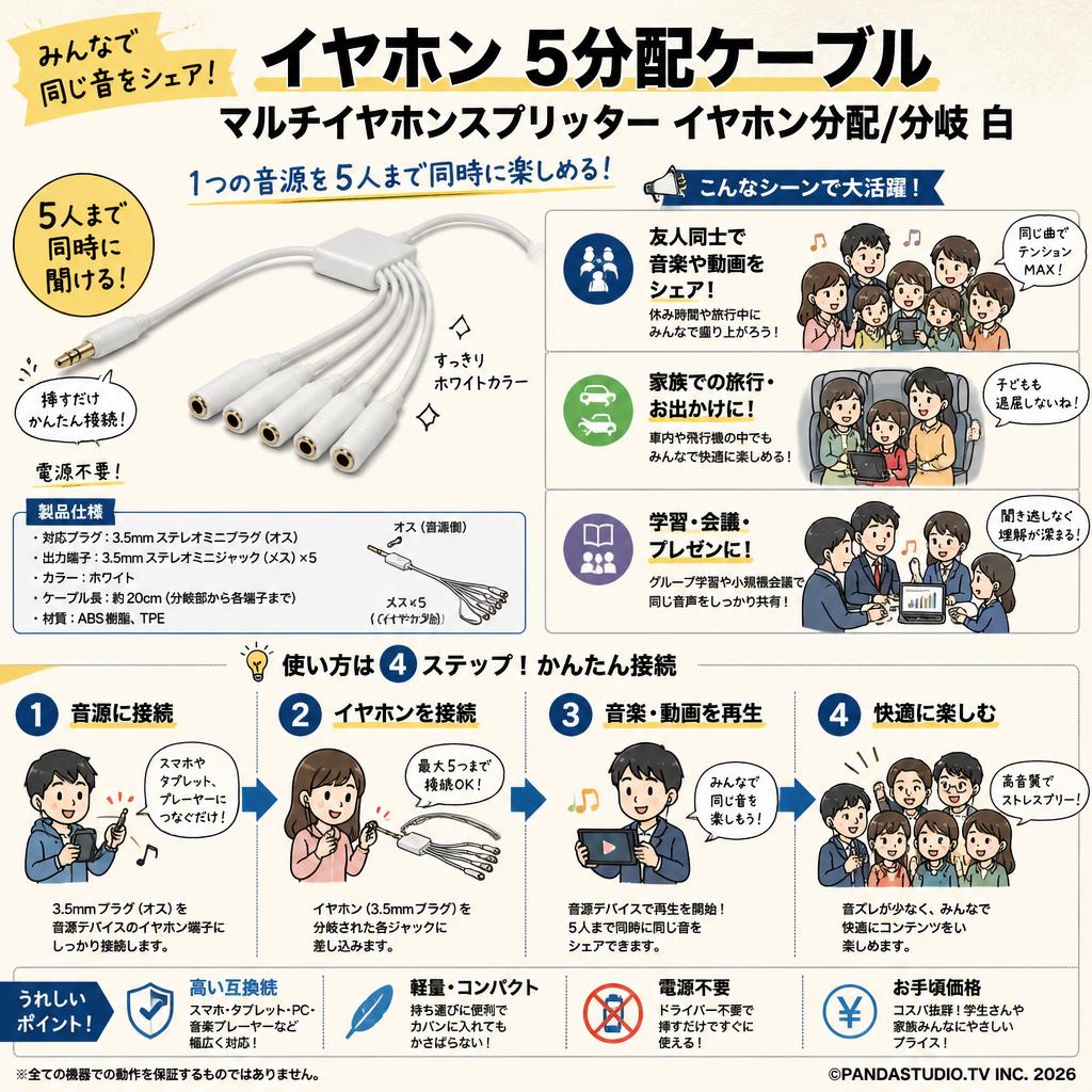 イヤホン 5分配ケーブル  マルチイヤホンスプリッターイヤホン分配/分岐 白 おもな対象のお客様
