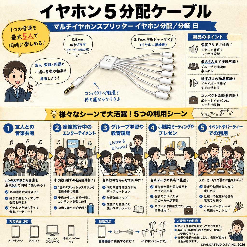 イヤホン 5分配ケーブル  マルチイヤホンスプリッターイヤホン分配/分岐 白 用途