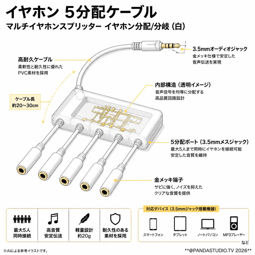 イヤホン 5分配ケーブル  マルチイヤホンスプリッターイヤホン分配/分岐 白 スペック