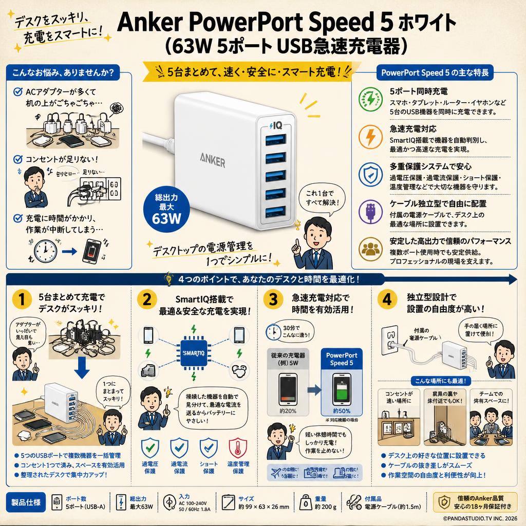 Anker PowerPort Speed 5 ホワイト (63W 5ポート USB急速充電器) 概要