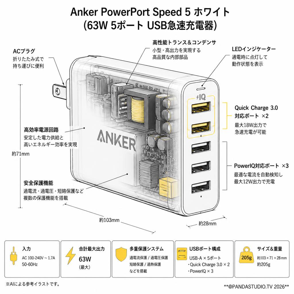 Anker PowerPort Speed 5 ホワイト (63W 5ポート USB急速充電器) スペック