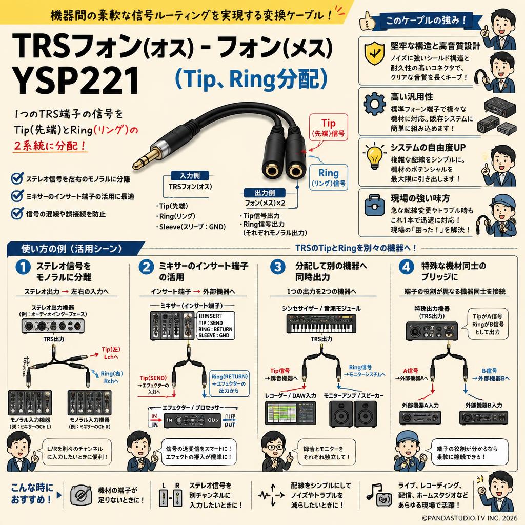 TRSフォン(オス) - フォン(メス)YSP221 (Tip、Ring分配) 概要