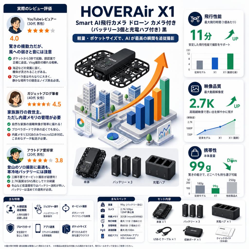 HOVERAir X1 Smart AI飛行カメラ ドローン カメラ付き (バッテリー3個と充電ハブ付き) 黒 インターネット上のお客様の声（評判）